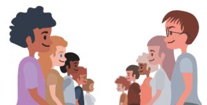 Two groups of multicultural illustrated people lined up and standing across from each other